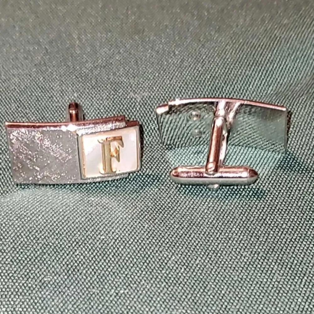 Vintage Silver & Gold Tone Swank Cufflinks Initial F On Mother of Pearl